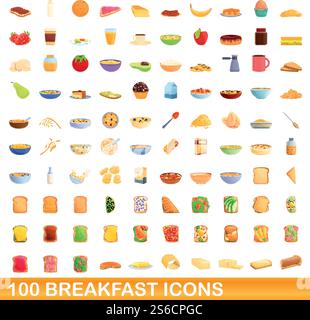 100 breakfast icons set. Cartoon illustration of 100 breakfast icons vector set isolated on white background. 100 breakfast icons set, cartoon style Stock Vector
