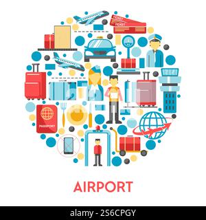 Airport banner, air travel terminal crew icons set in circle. Passenger arrive at taxi, baggage scanned and weighted, plane take off, tickets, passport, customs, metal detector. Vector illustration.. Airport banner with air travel icons set in circle Stock Vector