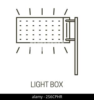 Street sign hanging on stick, illuminated lightbox with empty space for design, isolated icon vector. Restaurant or hotel, night club logo presentation. Cinema or theater light box outline symbol. Light box isolated icon, street sign hanging on stick Stock Vector