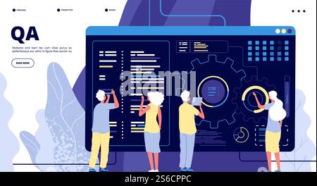 QA landing page. Testing quality assurance in software prototype. People fixing program code bugs in device. Vector concept qa and development fixing bug, software program code illustration. QA landing page. Testing quality assurance in software prototype. People fixing program code bugs in device. Vector concept Stock Vector