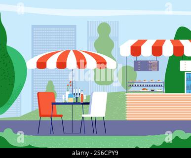 Summer outdoor cafe. Empty table and armchair under umbrella in street cafe. Bistro restaurant vector background. Illustration of restaurant and cafe with table umbrella. Summer outdoor cafe. Empty table and armchair under umbrella in street cafe. Bistro restaurant vector background Stock Vector