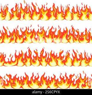 Seamless fire flame. Dangerous flaming pattern, flammable line blaze. Hot temperature firewall borders cartoon vector texture. Fire seamless flammable pattern, danger bonfire illustration. Seamless fire flame. Dangerous flaming pattern, flammable line blaze. Hot temperature firewall borders cartoon vector texture Stock Vector