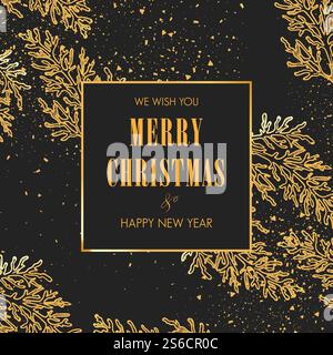 Merry Christmas and Happy New Year dark greeting card with coniferous tree. Snowy border square frame banner with golden typhography design on black background. Vector template illustration.. Merry Christmas and Happy New Year greeting card Stock Vector