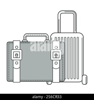 Suitcase on wheels and valise, isolated outline objects vector. Bags or carryon, baggage or luggage, summer vacation, journey or trip. Leather containers with handle and belts, traveling accessory. Baggage, suitcase and valise bag, isolated outline icons Stock Vector
