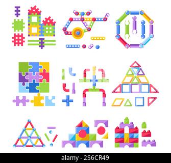 Kid toy, constructor or building kit, plastic stacking blocks isolated icons vector. Creative game for children, modeling, nuts and bolts, construction tools. Puzzle or jigsaw elements, kindergarten. Building kit or constructor, kid toy, puzzle or jigsaw, isolated icons Stock Vector