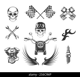 Motorcycle club isolated icons, bikers community symbols vector. Skull and checkered flags, pistons and wrench, helmet and goggles, tattoo and engine. Bike and auto repair parts, races and rock. Bikers club isolated icons, motorcycle races, skulls Stock Vector
