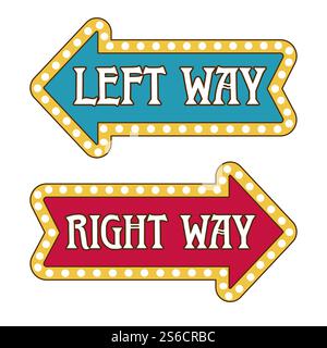 Night show or circus pointer template, left and right way, isolated icons vector. Arrow with framework of lamp, concert inviting banner, attraction. Direction signboard with lights, forward or backward. Arrow direction pointer templates, left and right way Stock Vector