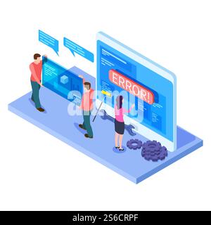 People and app interfaces isometric concept. Developers work with mobile computer UI. Illustration of interface computer screen with ui. People and app interfaces isometric concept. Developers work with mobile computer UI Stock Vector