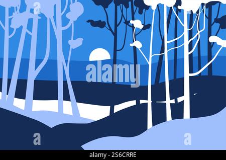 Night landscape mountains and trees, forest hills and valley vector. Wild nature at sunrise or sunset, moon behind rocks, view or scene. Travel summer, adventure and nighttime, jungle flora shadows. Forest night landscape, jungle trees and mood behind mountains Stock Vector