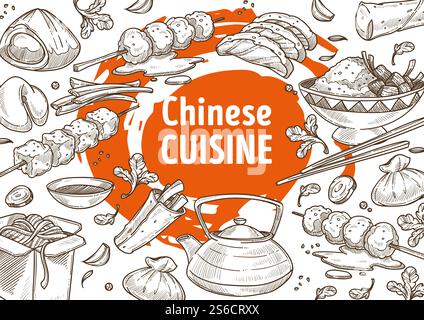 China cuisine menu sketch poster, Chinese food restaurant vector. Salmon on skewer and dumplings, rice and noodles in box, green tea teapot. Wish cookies and spring roll, chopsticks and soy sauce. Chinese food restaurant, China cuisine menu sketches poster Stock Vector