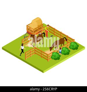 Horse farm 3d isometric vector location isolated. Farm with mare and stallion illustration. Horse farm 3d isometric vector location isolated Stock Vector