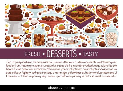 Desserts banner template, text. Assorted truffle chocolate, caramel round candies sprinkled with nuts in heart shaped box and glass jar. Three tiered cocoa cake on stand. Vector illustration on white.. Desserts banner template with assorted truffle chocolate candies and text Stock Vector