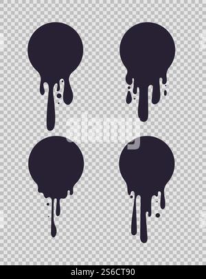 Dripping black circles. Inked round liquid shapes with paint drips for milk or chocolate logo vector set isolated on white background. Dripping black circles. Inked round liquid shapes with paint drips for milk or chocolate logo vector set isolated on white Stock Vector