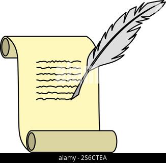 Feather And Scroll Icon. Editable Outline With Color Fill Design. Vector Illustration. Stock Vector
