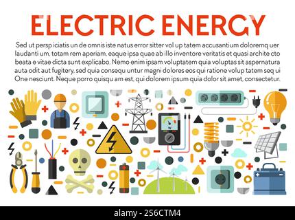 Electric energy banner with icons collection and text. Electrical works tools and protective gear, electricity panel, sockets, solar batteries, power danger warning sign. Colorful vector illustration.. Electric energy banner with electrical works icons and text Stock Vector