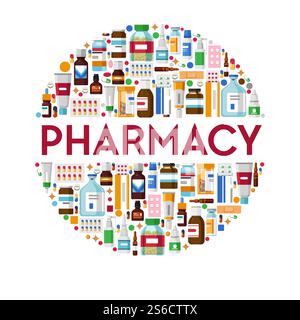 Medicine pills and ointments, cough syrups and injections vector. Medication and medicaments, treatment and healthcare, painkiller and antibiotics. Tablets and vitamins prescription, pharmacy product. Pills and medicines isolated icons, cough syrups and injections Stock Vector