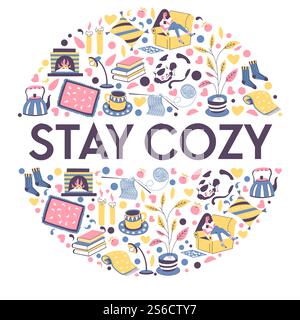 Stay cozy banner with icons set in circle. Relaxing fall evening at home, girl on armchair, fireplace, blanket, books, warm socks, hot tea drink, candles and cute decor items. Graphic illustration.. Stay cozy banner with icons for relaxing winter evening indoors Stock Vector