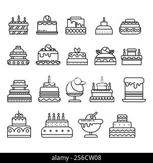 Birthday or wedding cakes, fruit and chocolate pastries, isolated outline icons vector. Celebrating anniversary dessert, tiramisu or cheesecake, Easter dish. Crepe and ice cream, festive candles. Cakes isolated line icon, birthday and wedding desserts Stock Vector