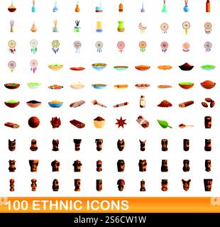 100 ethnic icons set. Cartoon illustration of 100 ethnic icons vector set isolated on white background. 100 ethnic icons set, cartoon style Stock Vector