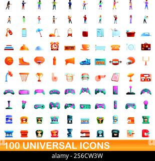 100 universal icons set. Cartoon illustration of 100 universal icons vector set isolated on white background. 100 universal icons set, cartoon style Stock Vector