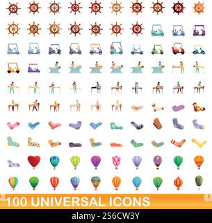 100 universal icons set. Cartoon illustration of 100 universal icons vector set isolated on white background. 100 universal icons set, cartoon style Stock Vector