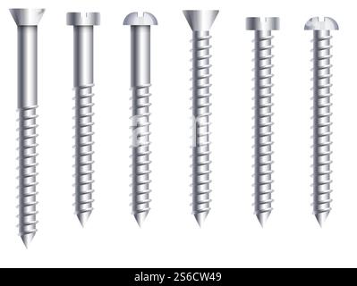 Bolts and nuts, side view, with socket cap or round head. Metal screws, nails, shiny hardware parts set in stainless steel, close up. Realistic graphic vector illustration on white background.. Socket cap or round head bolts and nuts side view Stock Vector