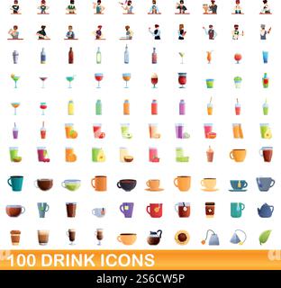 100 drink icons set. Cartoon illustration of 100 drink icons vector set isolated on white background. 100 drink icons set, cartoon style Stock Vector