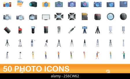 50 photo icons set. Cartoon illustration of 50 photo icons vector set isolated on white background. 50 photo icons set, cartoon style Stock Vector