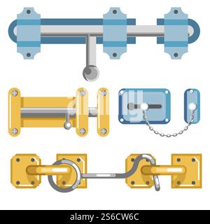 Metal latches, closed set. Door or gate latch, sliding lock with dead bolt, cabin hook or chain. Shiny brass or steel safety hardware, fastener device. Graphic vector illustration on white background.. Metal door latches with bolt and chain or cabin hook Stock Vector