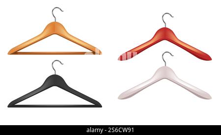 Clothes hangers set, empty wooden or plastic shoulders shaped device with metal hook for clothes storage and hanging. Light wood, black, red, white colors. Realistic isolated vector illustration.. Wooden clothes hangers set with metal hooks in different colors Stock Vector