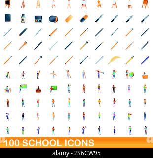 100 school icons set. Cartoon illustration of 100 school icons vector set isolated on white background. 100 school icons set, cartoon style Stock Vector