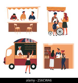 Trolley and truck, tent and shop counter, street meals, isolated characters vector. Fast food and drinks, vendor or seller and customer, ice cream cart. Snack on wheels, liquor store and bar stand. Street food and store, cart and truck, bar counter, isolated characters Stock Vector
