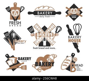 Bakery shop, kitchen tools and fresh bread loaf, isolated icons vector. Cutting board and whisk, spatula and rolling pin, mill and pretzel, toast slices. Pastry food, grocery store emblem or logo. Bread loaf and kitchen tools, bakery shop isolated icons Stock Vector