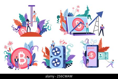 Cryptocurrency marketplace, Internet bitcoin stock exchange, digital money mining vector. Web payments, laptop and videocard, smartphone. Finance profit growth graphic, IT programmers and miners. Bitcoin mining and marketplace, digital currency stock exchange, isolated icons Stock Vector