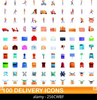 100 delivery icons set. Cartoon illustration of 100 delivery icons vector set isolated on white background. 100 delivery icons set, cartoon style Stock Vector