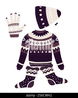 Winter clothes with Christmas patterns, Scandinavian ornament knitwear, isolated objects vector. Knitted hat and sweater, socks pair and glove, handmade clothing. Warm woolen headdress and garments. Christmas patterns on knitwear, winter clothes isolated objects Stock Vector