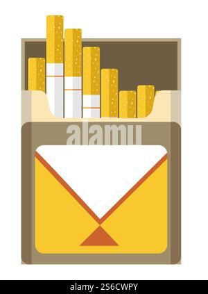 Cigarette pack box open, front view. Package full of filtered tobacco cigarettes, nicotine. Smoking themed isolated colorful graphic vector illustration on white background.. Filtered cigarette full package box open for smoking Stock Vector