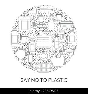 Plastic usage reduction, disposable tableware isolated outline icon vector. Product containers, bottle and packet, canister, plates and cutlery. Packs linear signs, synthetic material, saving planet. No plastic, disposable tableware usage reduction isolated icon Stock Vector