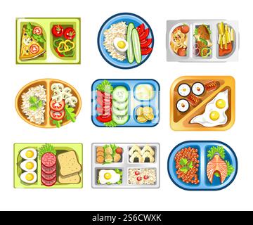 Lunch on tray, healthy food, school snack isolated icons vector. Pizza and vegetables, porridge or cereal, chicken and mushrooms, sushi and fried eggs. Bread toasts and sausage, salmon and caviar. Healthy food, lunch on tray, school snack isolated icons Stock Vector