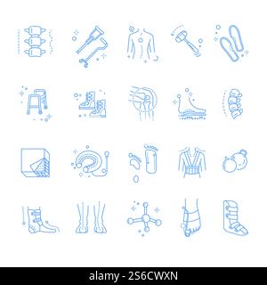 Orthopedic and trauma rehabilitation, isolated linear icons vector. Spine and crutches, scoliosis and medical hammer, orthopedical insoles and walker. Boots and knee joint, sole fixation and mattress. Injury or trauma rehabilitation and orthopedics isolated linear icons Stock Vector