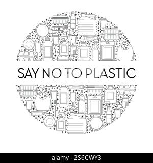 Plastic usage reduction, disposable tableware outline icons on emblem or banner vector. Product containers, bottle and packet, canister, plates and cutlery. Packs of synthetic material, saving planet. Environment protection, say no to plastic line icons banner Stock Vector