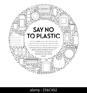 Plastic usage reduction, disposable tableware outline icons on emblem or poster vector. Product containers, bottle and packet, canister, plates and cutlery. Packs of synthetic material, saving planet. No plastic, recycling and ecology, disposable tableware line icons Stock Vector