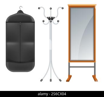 Suit bag, zipped black garment protective cover with hanger. Metal coat rack stand for clothing items. Dressing, full length mirror, floor standing, wood frame. Wardrobe storage. Vector illustration.. Clothing suit bag with coat rack and full length mirror Stock Vector
