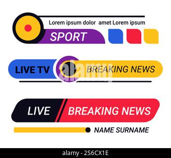 Breaking news template title, TV channel live report bars, isolated icons vector. Streaming or video, sport broadcast, television header or headline. World or globe info, dashboard, daily program. News headlines isolated icons, TV channel live report Stock Vector