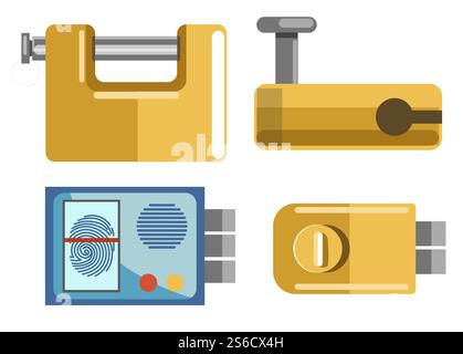 Padlocks and locks, fingerprint access isolated objects vector. Latches, house security and protection, code and handle, finger scan and electronic system. Mechanic device, home or garage safety. Locks and padlocks isolated icons, fingerprint access system Stock Vector