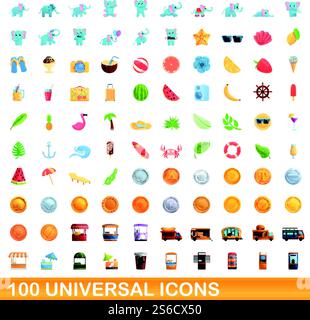 100 universal icons set. Cartoon illustration of 100 universal icons vector set isolated on white background. 100 universal icons set, cartoon style Stock Vector