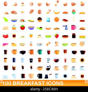 100 breakfast icons set. Cartoon illustration of 100 breakfast icons vector set isolated on white background. 100 breakfast icons set, cartoon style Stock Vector