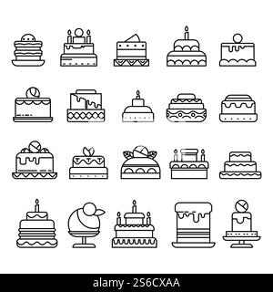 Birthday or wedding cakes, fruit and chocolate pastries, bakery food isolated outline icons vector. Celebrating anniversary dessert, tiramisu or cheese cake. Crepe and ice cream, festive candles. Wedding and Birthday cakes isolated line icons, pastry food or bakery Stock Vector