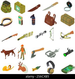 Hunting equipment icons set. Isometric set of hunting equipment vector icons for web design isolated on white background. Hunting equipment icons set, isometric style Stock Vector