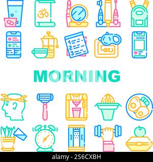 Morning Routine Daily Collection Icons Set Vector. Morning Yoga And Pill Dose, Breakfast And Drink Tea, Juice And Coffee, Cosmetics And Shaver Concept Linear Pictograms. Color Contour Illustrations. Morning Routine Daily Collection Icons Set Vector Stock Vector